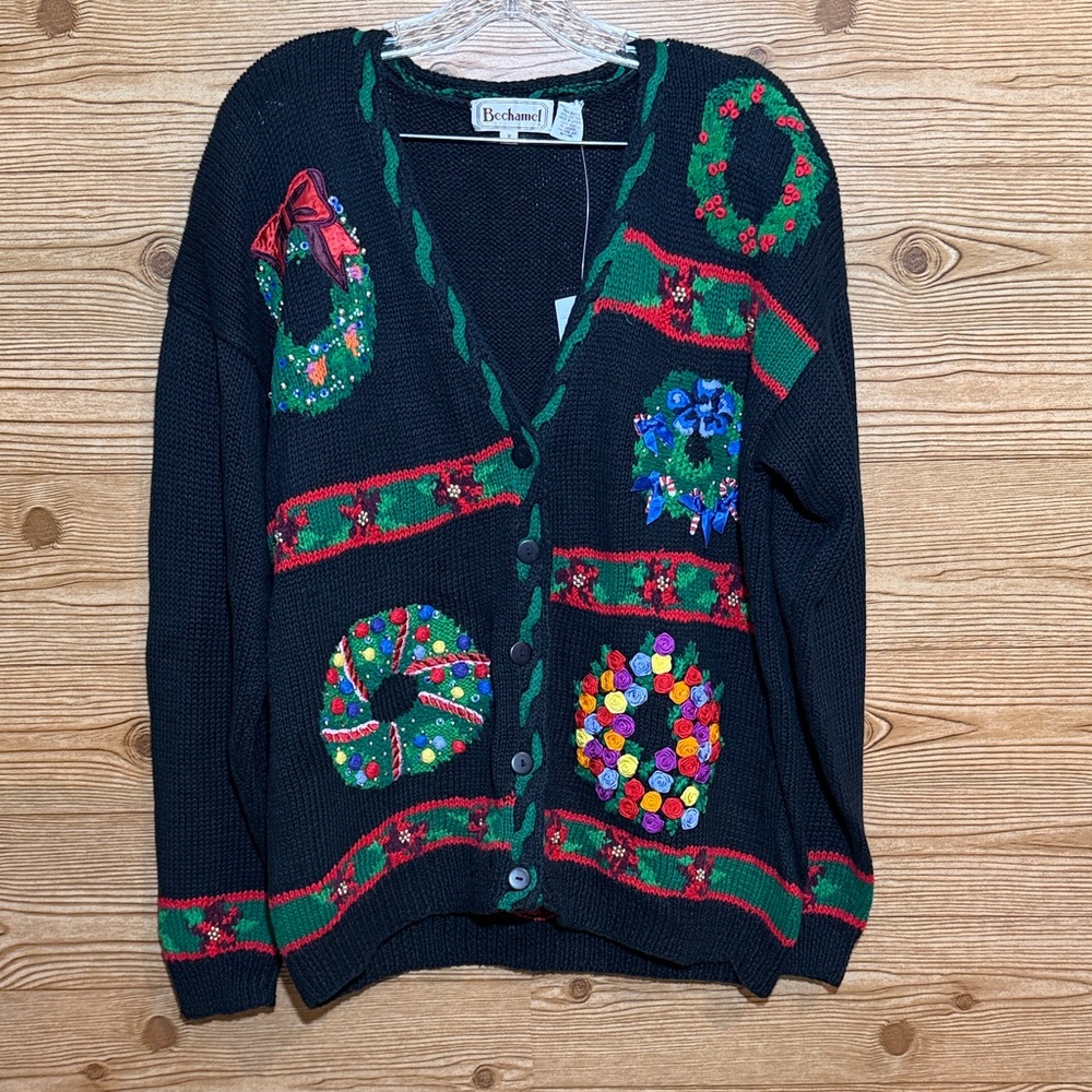 Vintage w/tag Bechamel Black Cardigan with Festive Embroidery- Medium